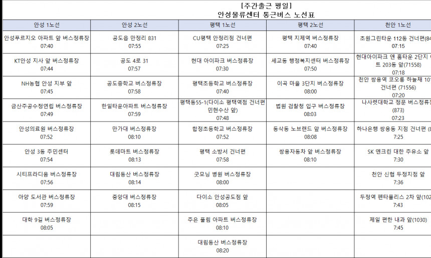 안성주간출근 통근버스노선표1